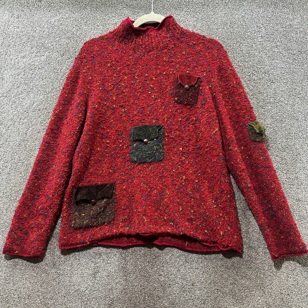 Vintage Curio Red Confetti Boucle Mock Neck Sweater Patch Pockets Large Artsy